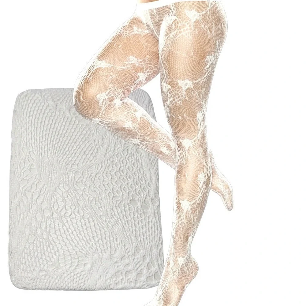 New White Lace Tights Sheer Floral Pattern Fishnet Stockings Valentine's Mesh